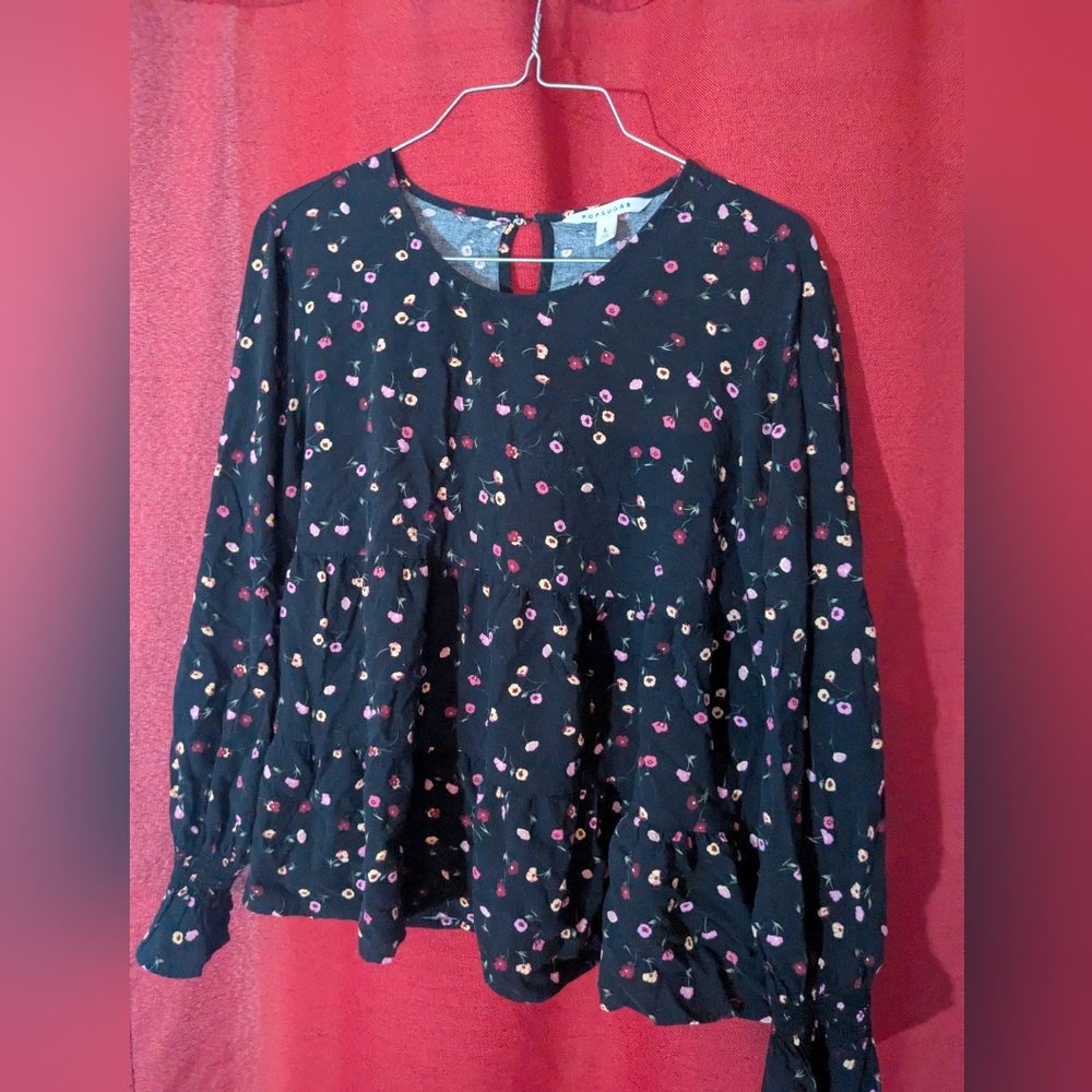 POPSUGAR Black Blouse with Colorful Floral Design